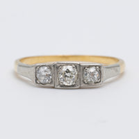 3 Stone Old Cut Diamond Platinum And 18K Yellow Gold Ring