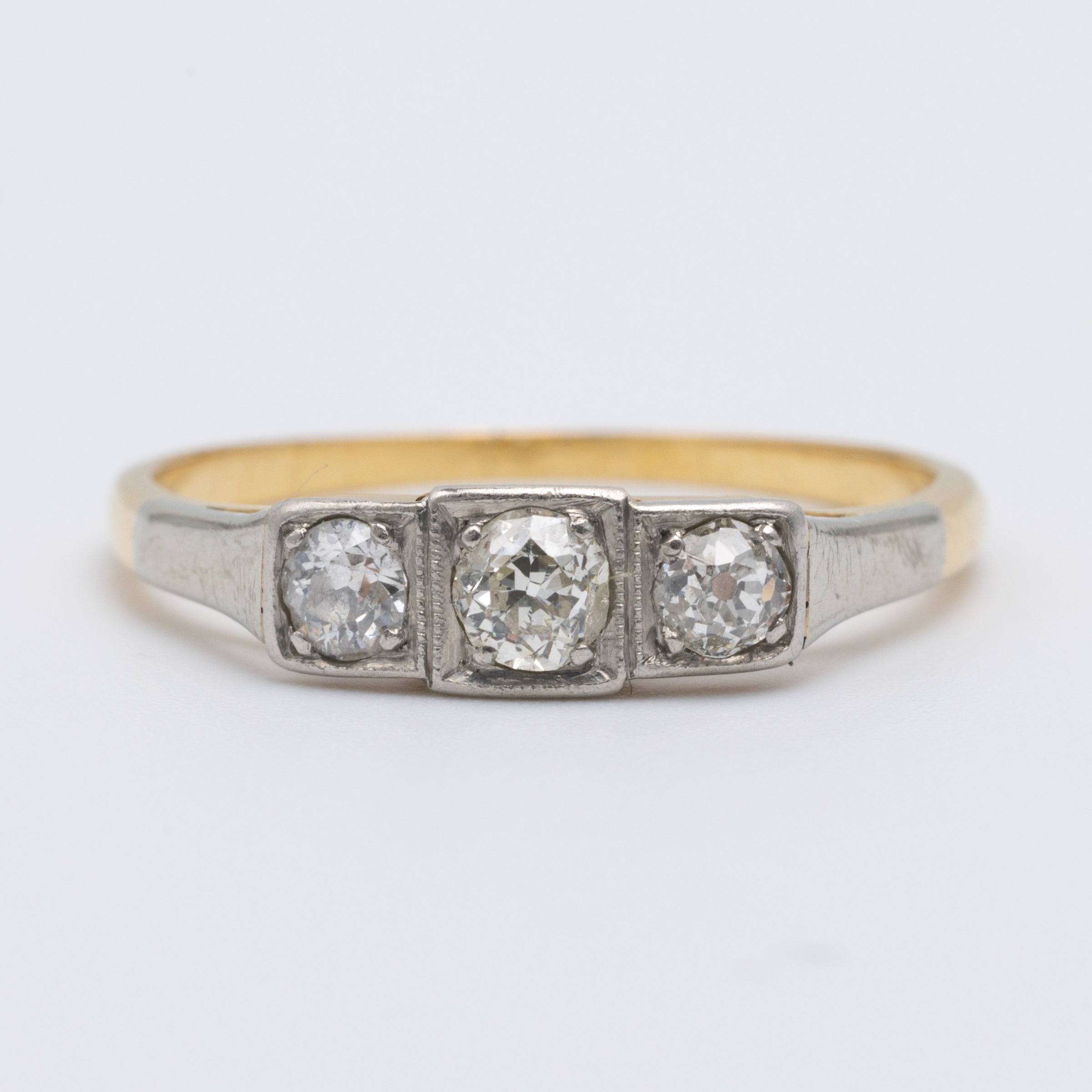 3 Stone Old Cut Diamond Platinum And 18K Yellow Gold Ring