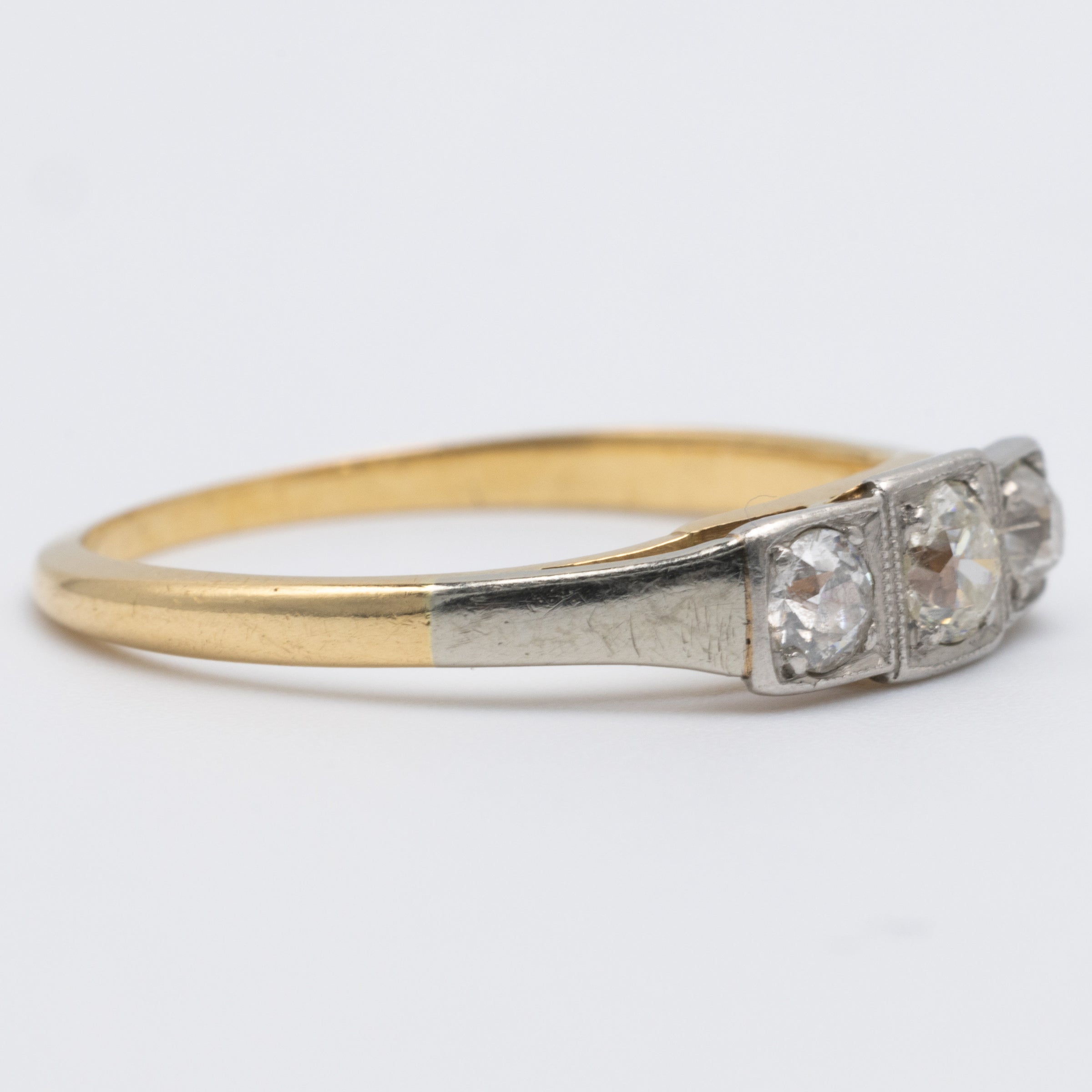 3 Stone Old Cut Diamond Platinum And 18K Yellow Gold Ring
