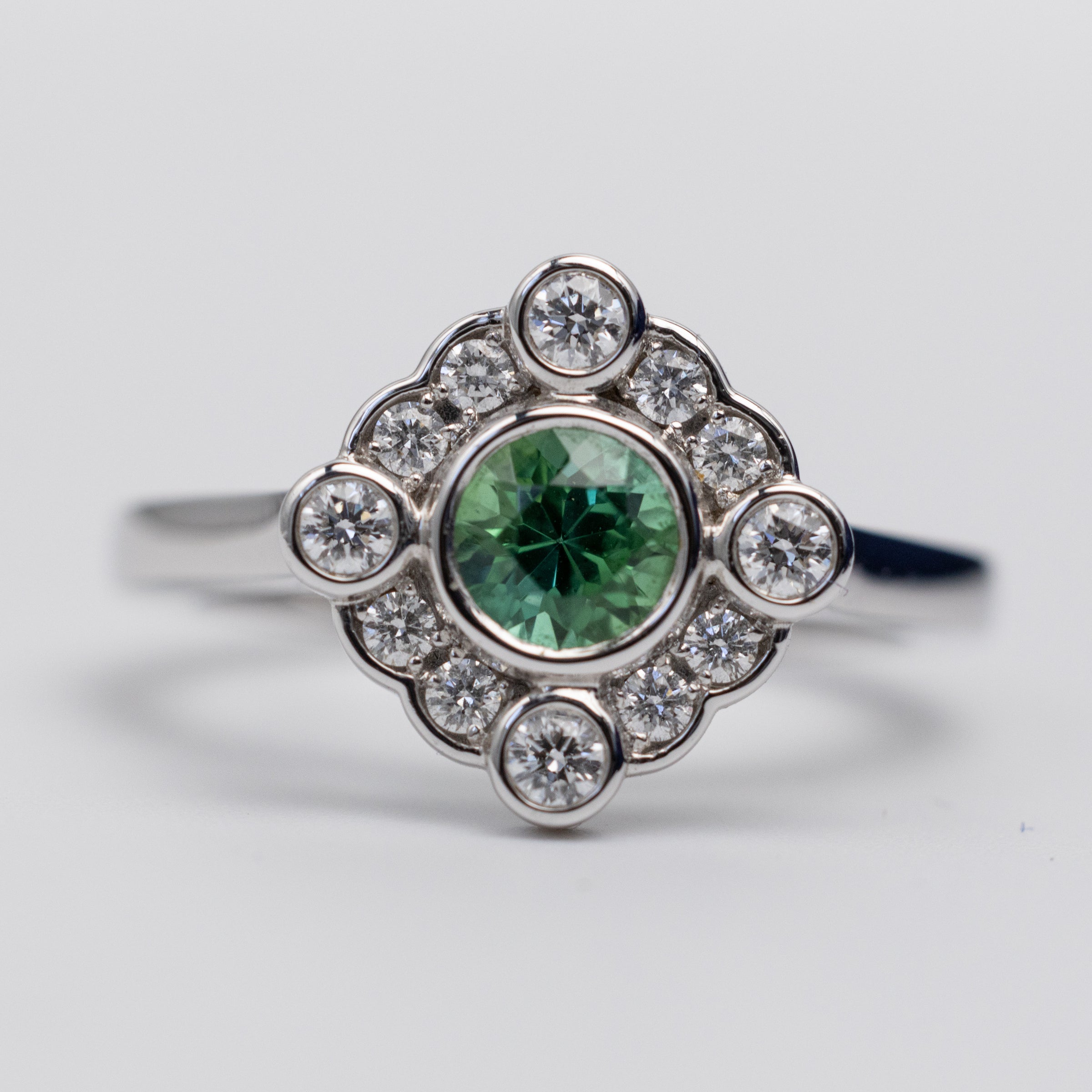 18K White Gold Mint Tourmaline And Diamond Ring