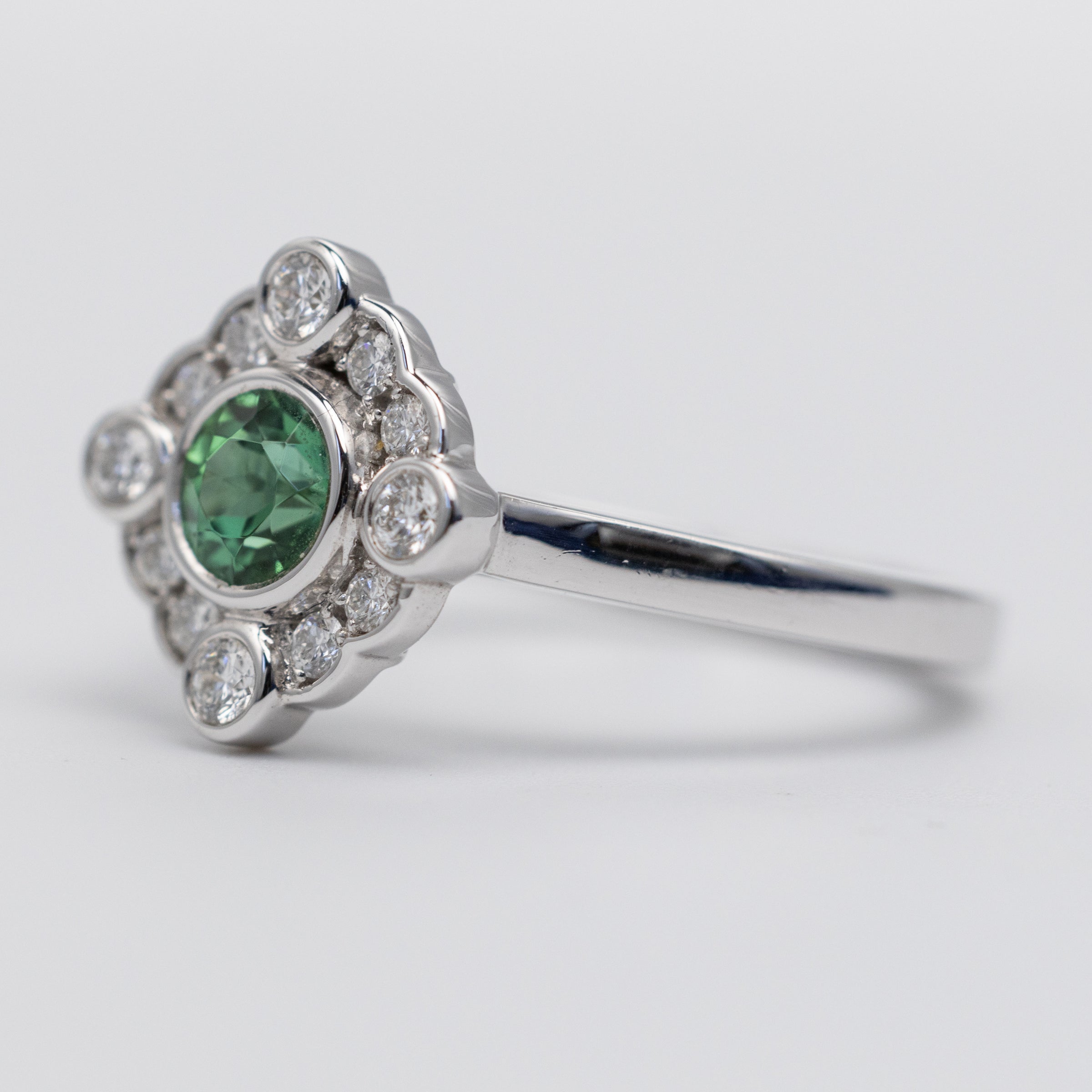18K White Gold Mint Tourmaline And Diamond Ring