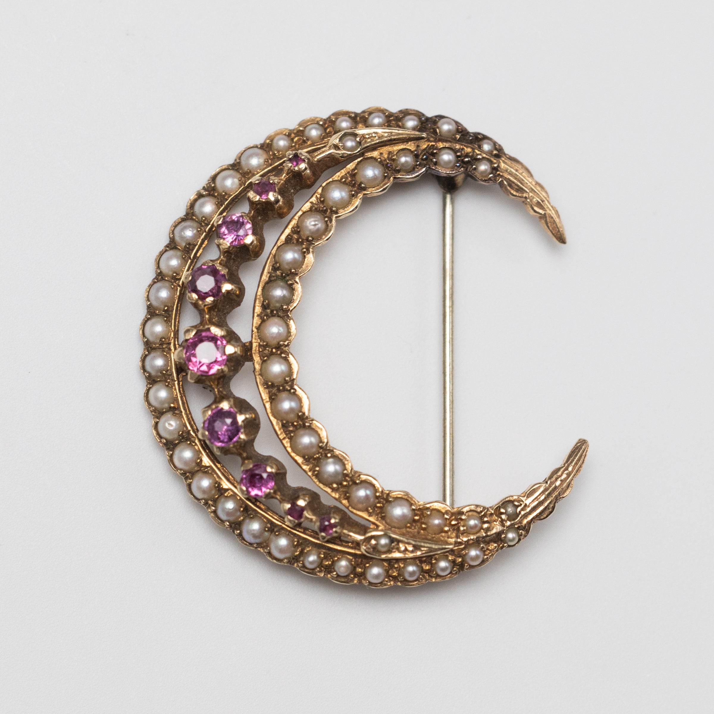 Vintage 9K Yellow Gold Pink Sapphire And Pearl Crescent Pin Brooch
