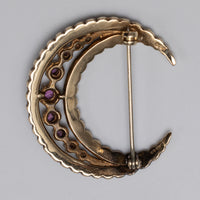 Vintage 9K Yellow Gold Pink Sapphire And Pearl Crescent Pin Brooch