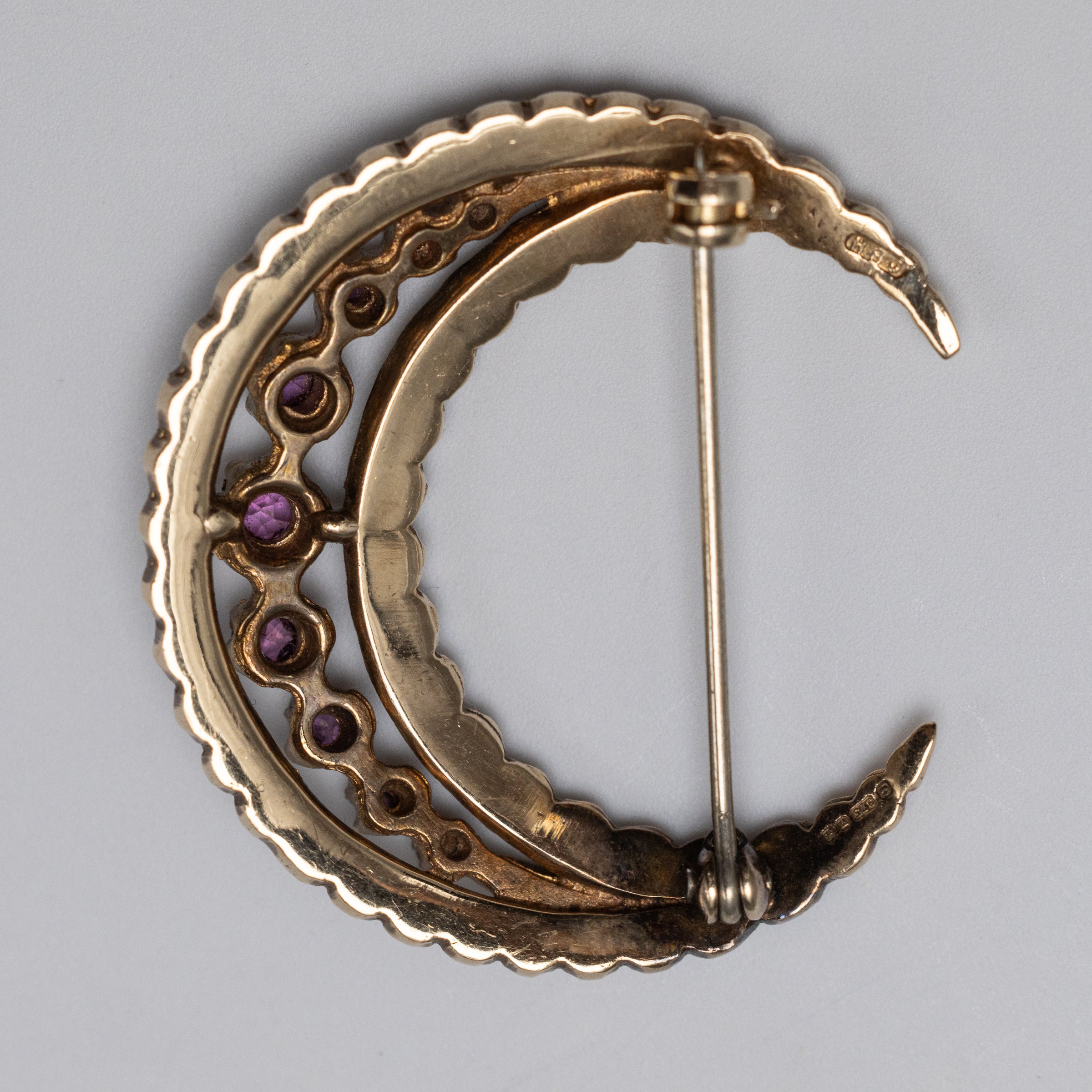 Vintage 9K Yellow Gold Pink Sapphire And Pearl Crescent Pin Brooch