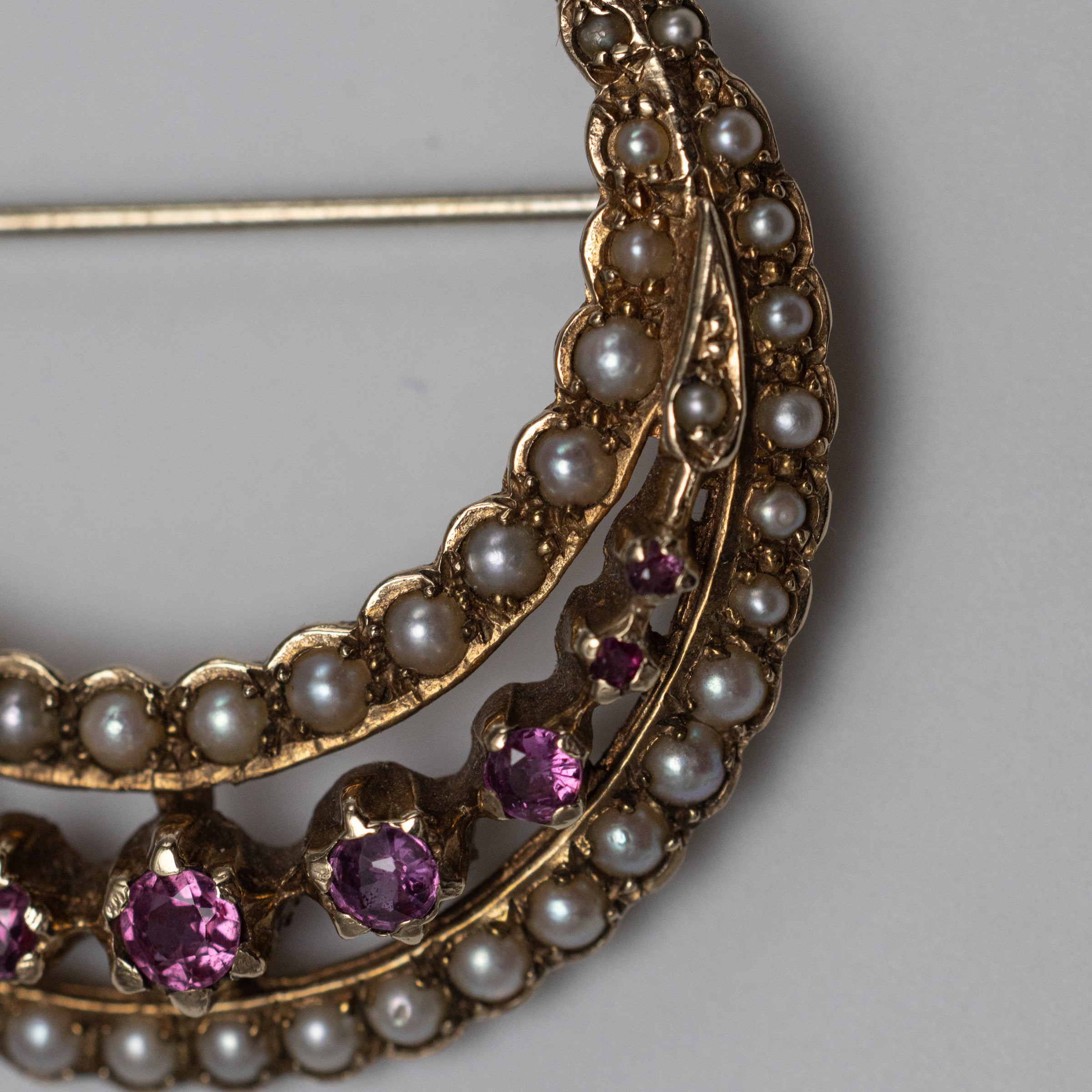 Vintage 9K Yellow Gold Pink Sapphire And Pearl Crescent Pin Brooch