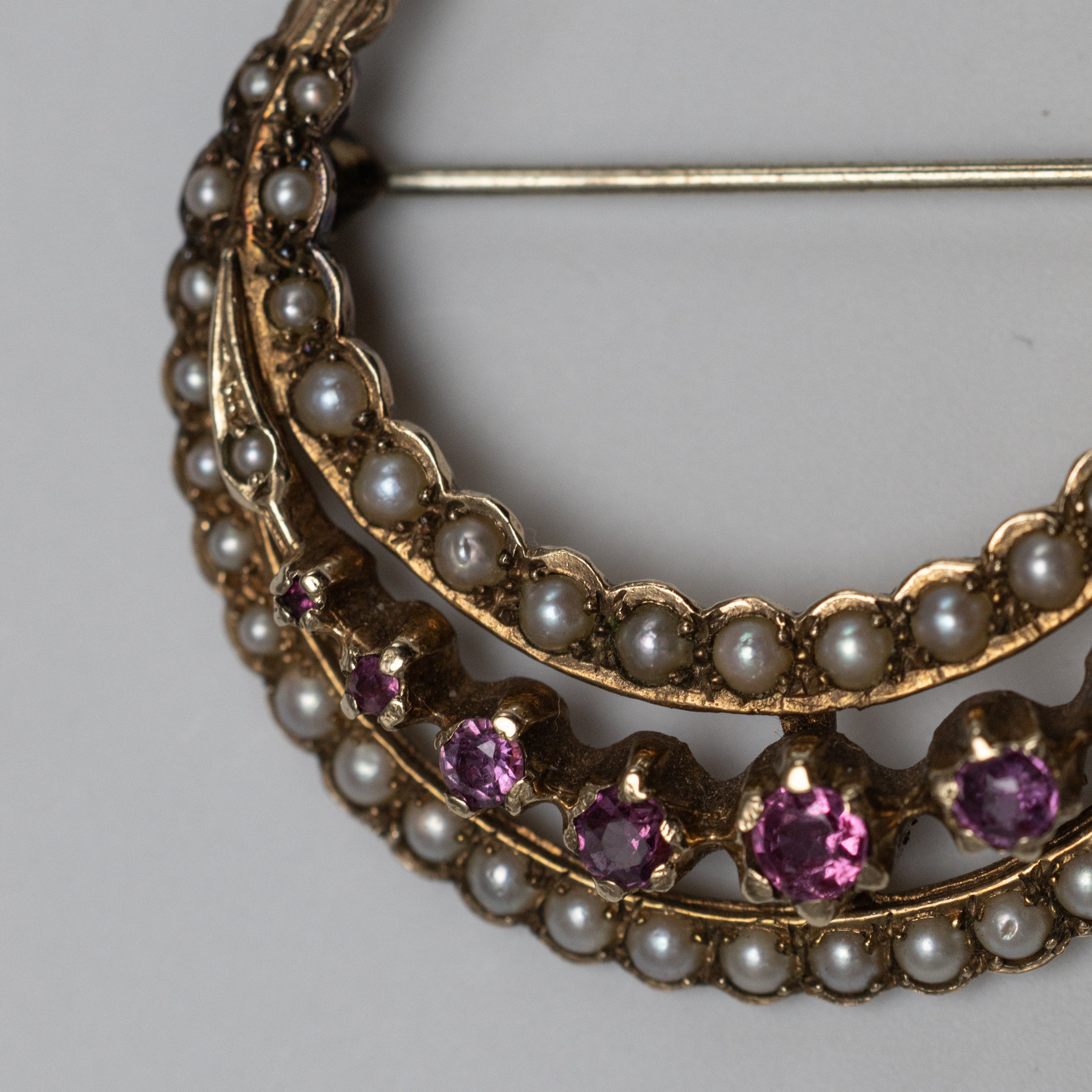 Vintage 9K Yellow Gold Pink Sapphire And Pearl Crescent Pin Brooch