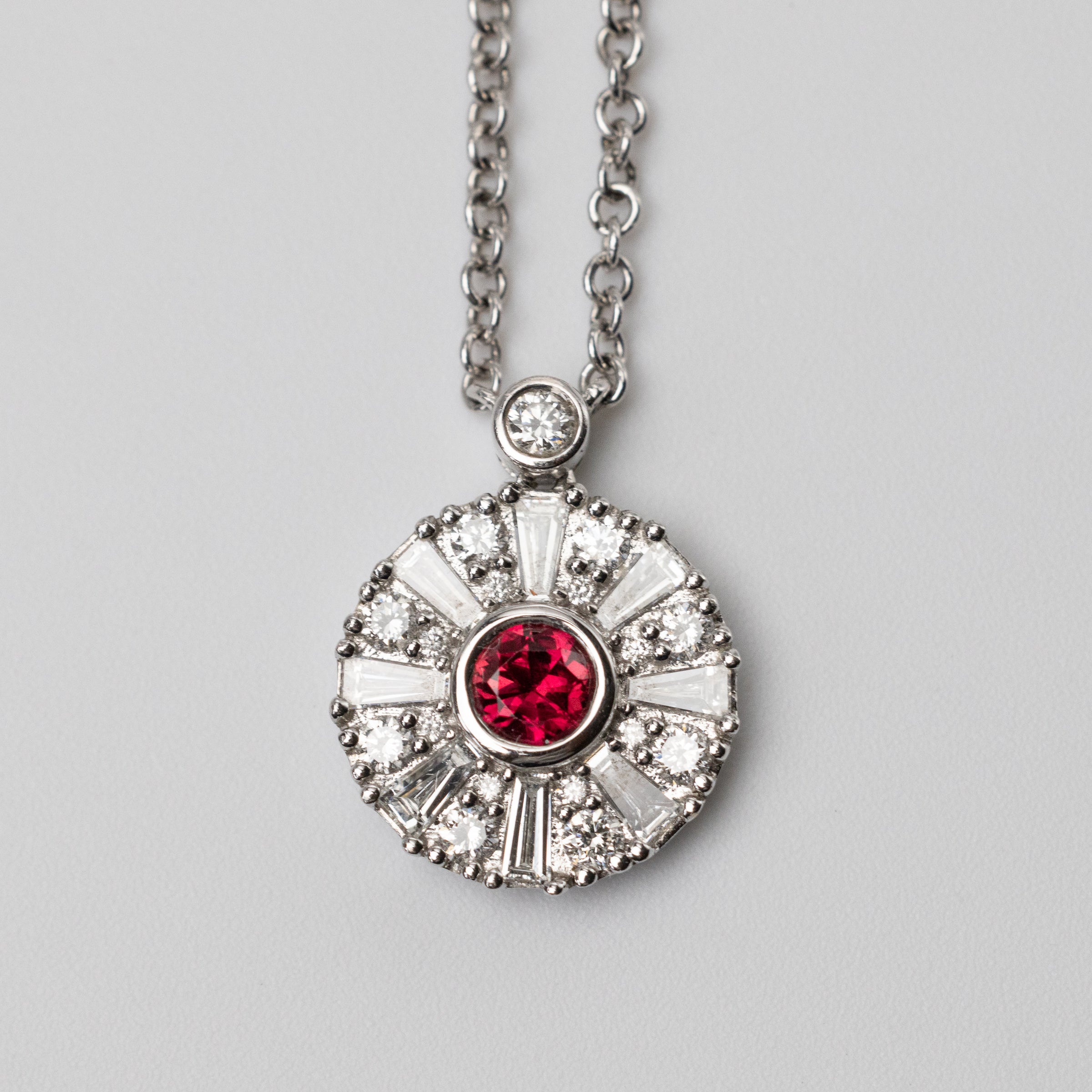 18K Ruby And Diamond Pendant On 18 Inch Chain