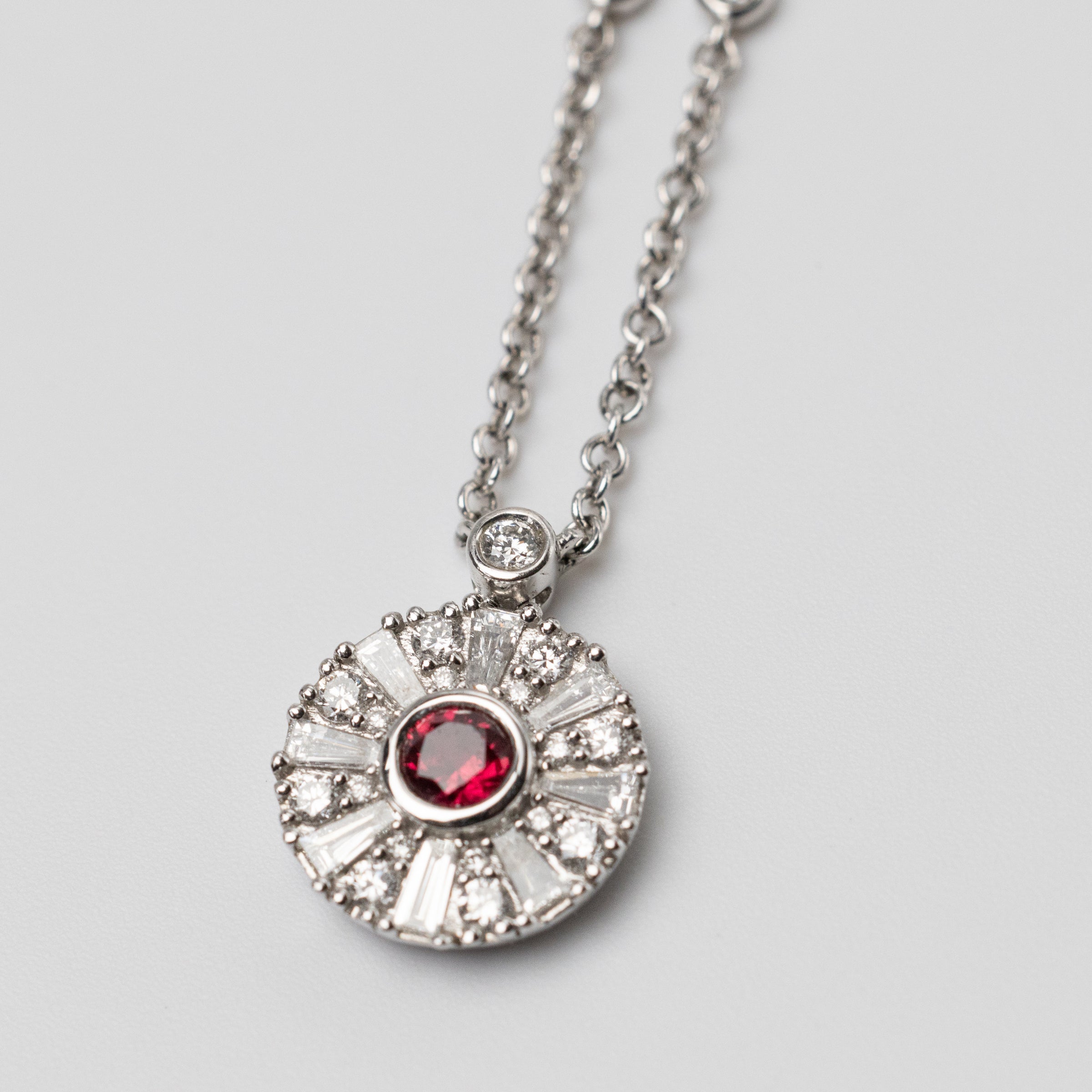 18K Ruby And Diamond Pendant On 18 Inch Chain