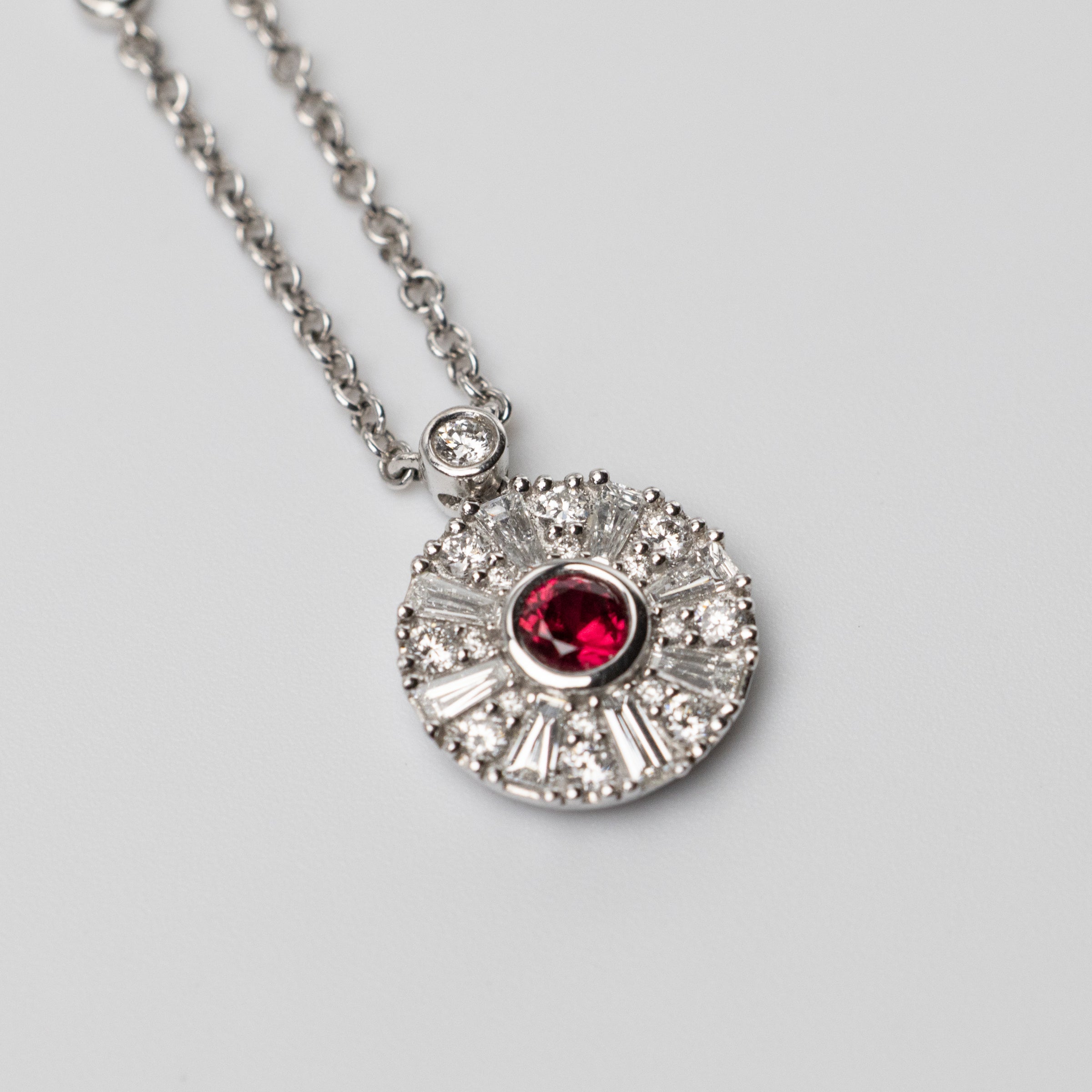 18K Ruby And Diamond Pendant On 18 Inch Chain