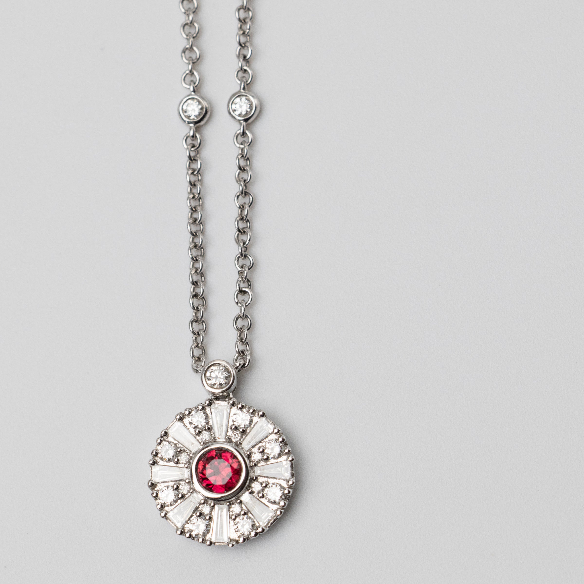 18K Ruby And Diamond Pendant On 18 Inch Chain