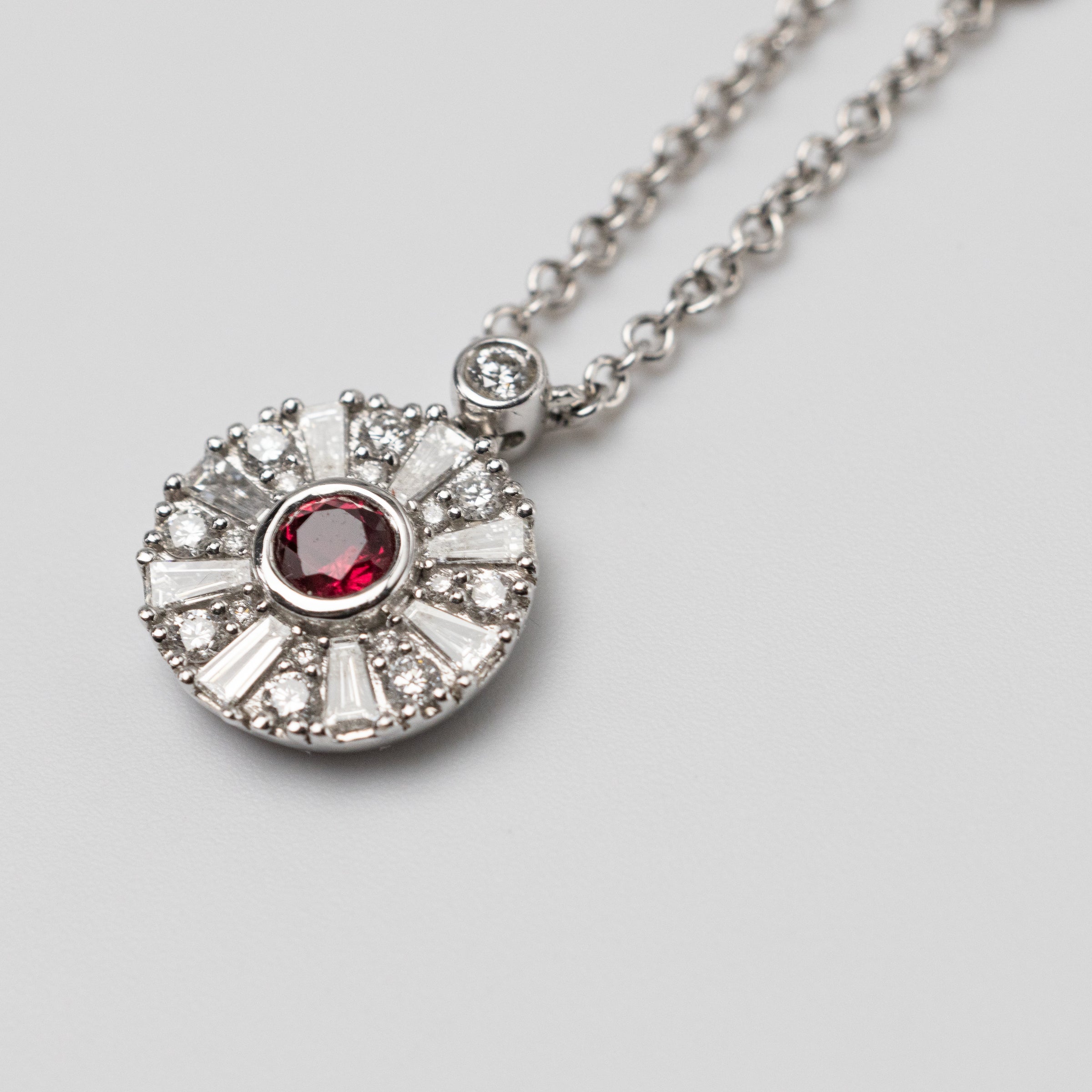 18K Ruby And Diamond Pendant On 18 Inch Chain