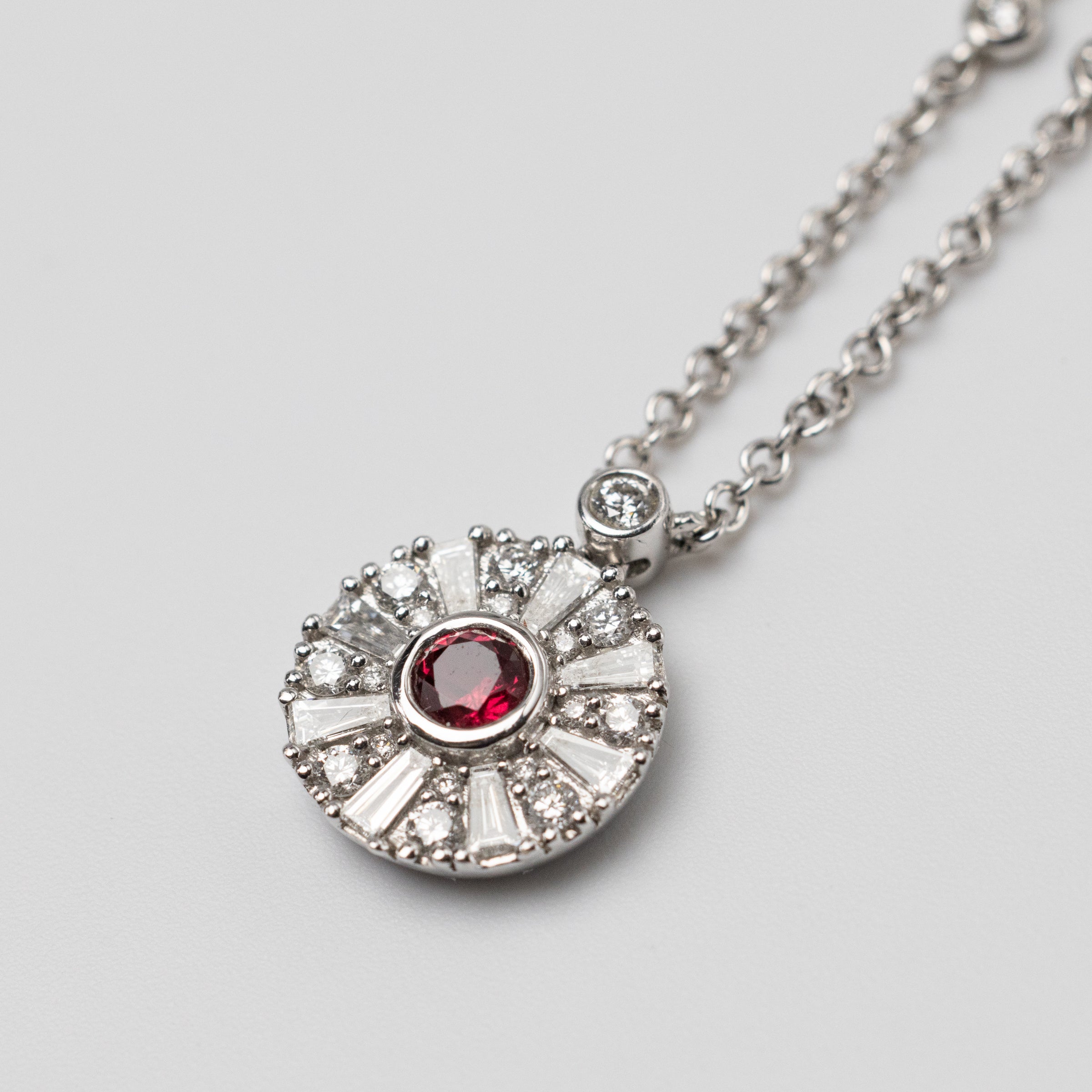 18K Ruby And Diamond Pendant On 18 Inch Chain
