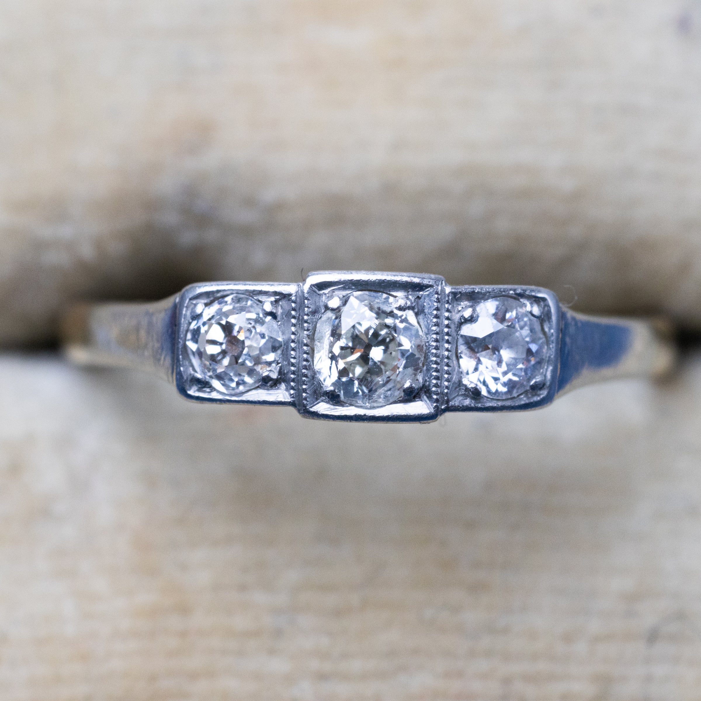 3 Stone Old Cut Diamond Platinum And 18K Yellow Gold Ring