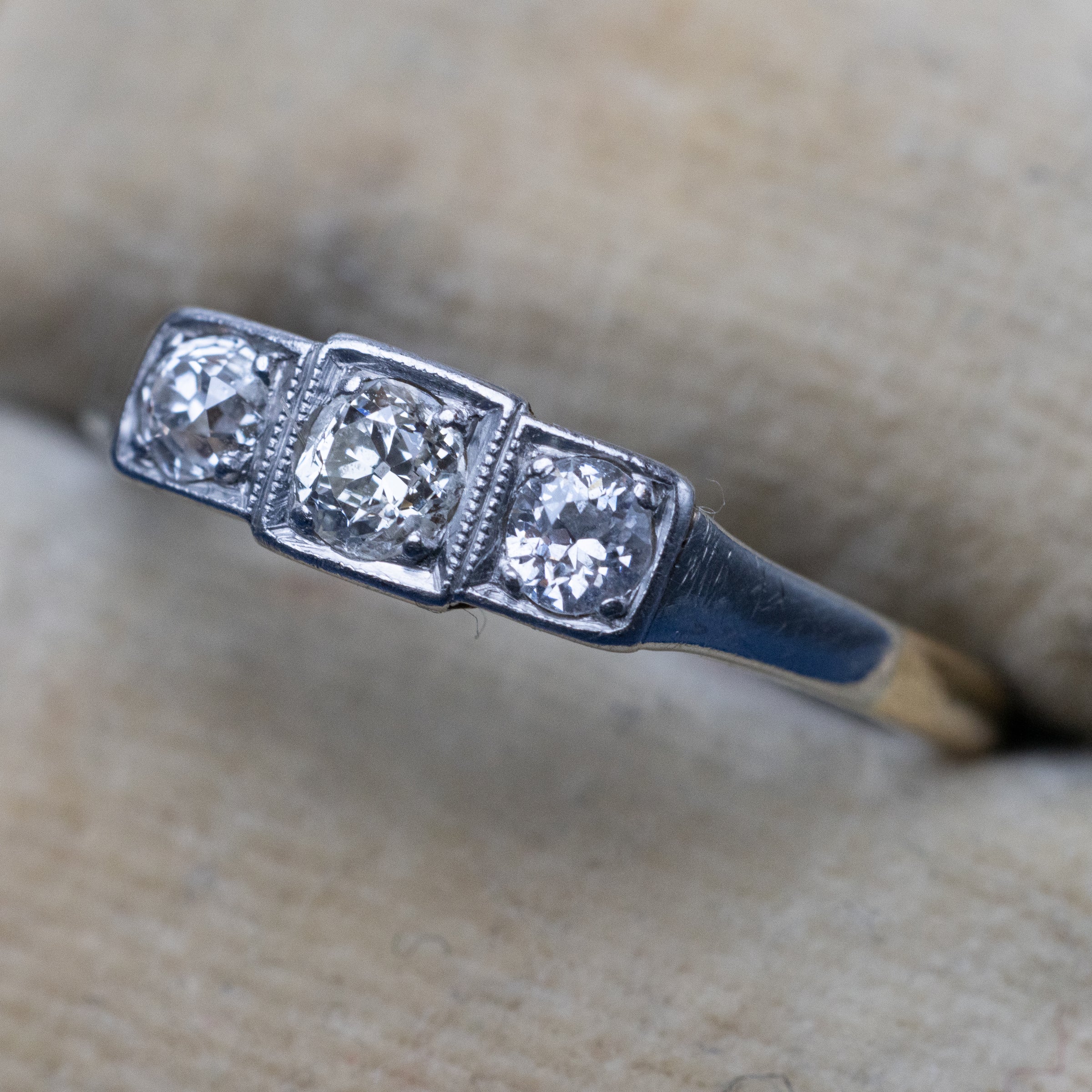 3 Stone Old Cut Diamond Platinum And 18K Yellow Gold Ring