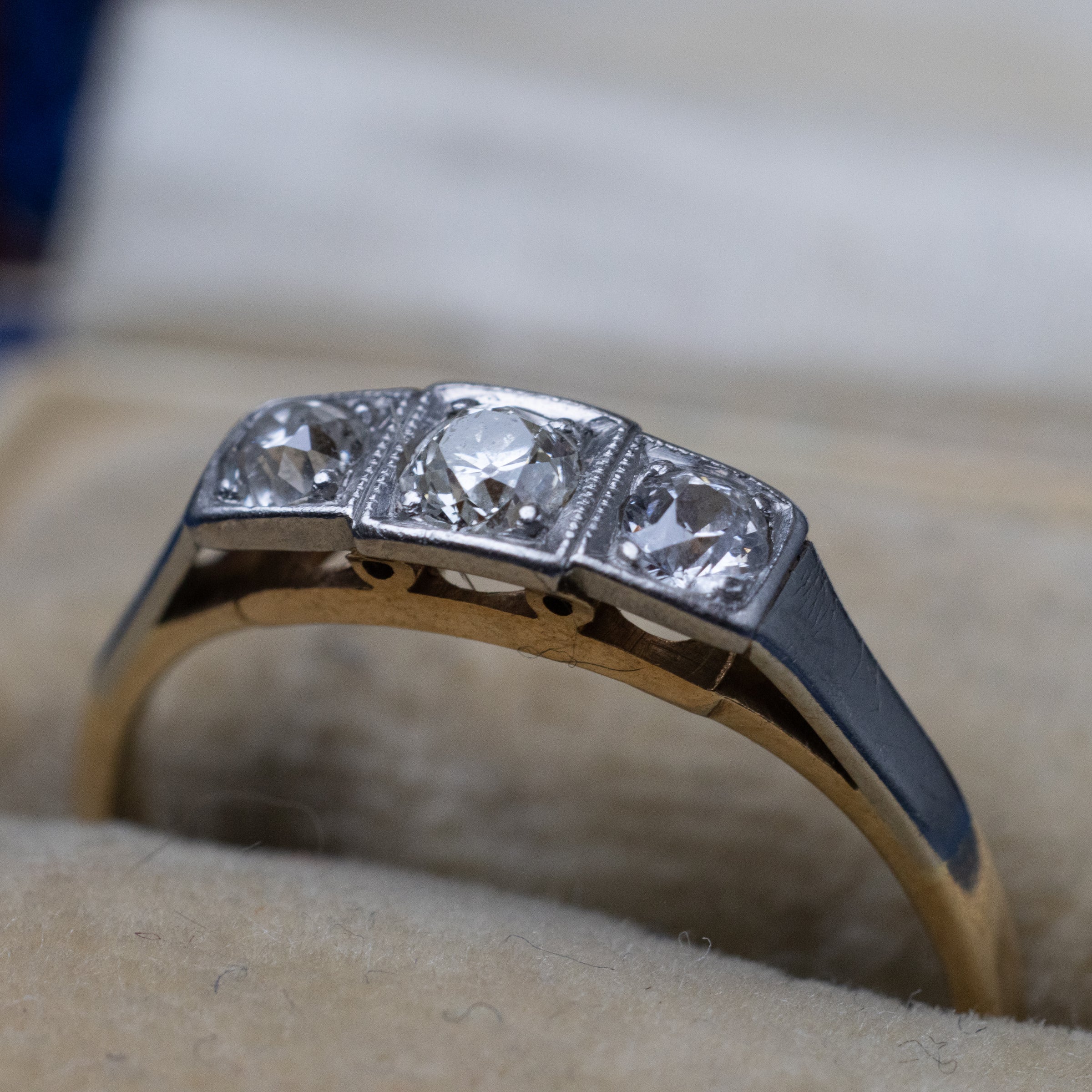 3 Stone Old Cut Diamond Platinum And 18K Yellow Gold Ring