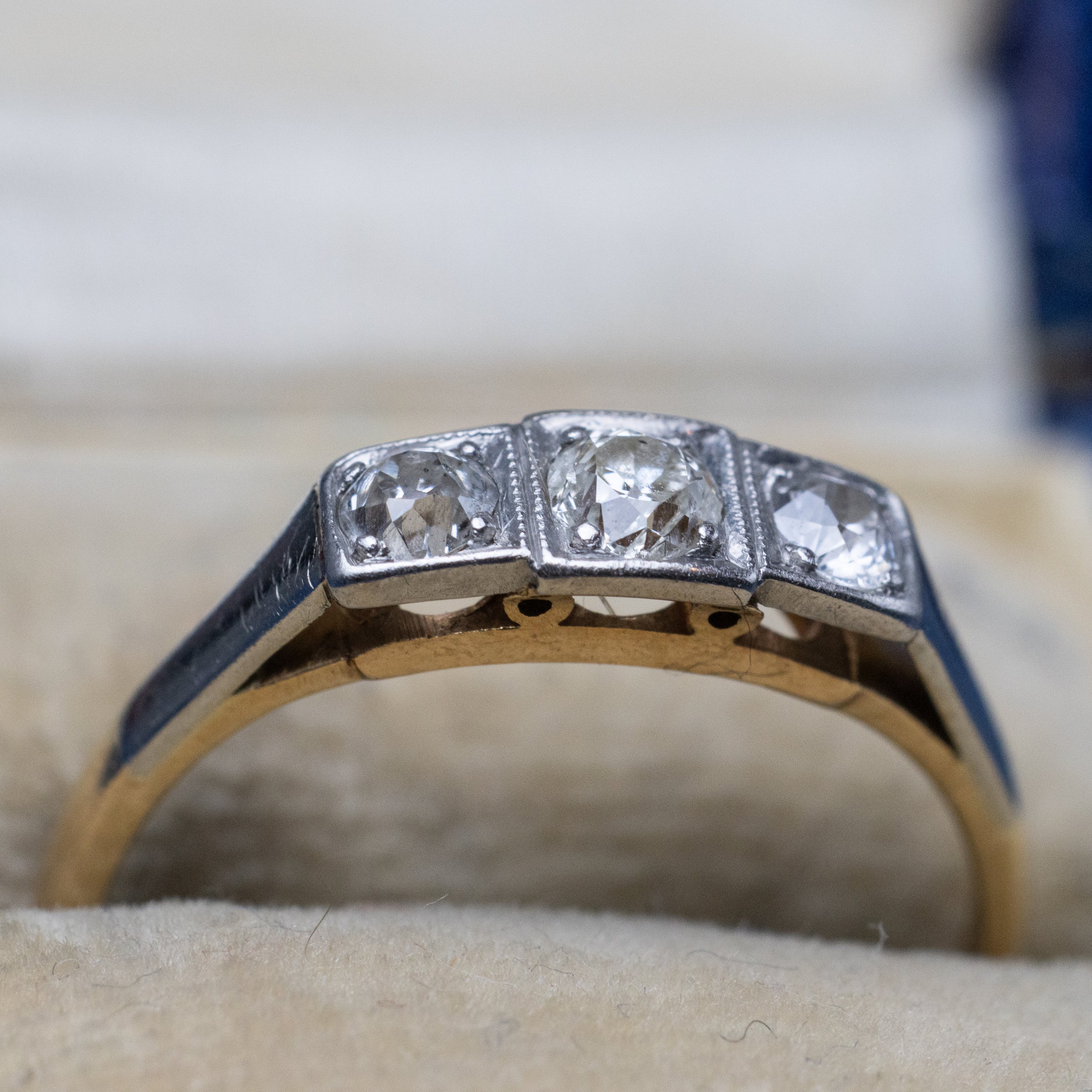 3 Stone Old Cut Diamond Platinum And 18K Yellow Gold Ring