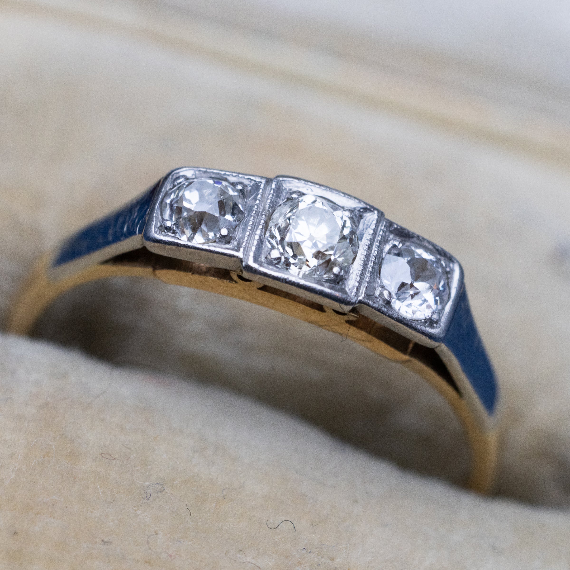 3 Stone Old Cut Diamond Platinum And 18K Yellow Gold Ring