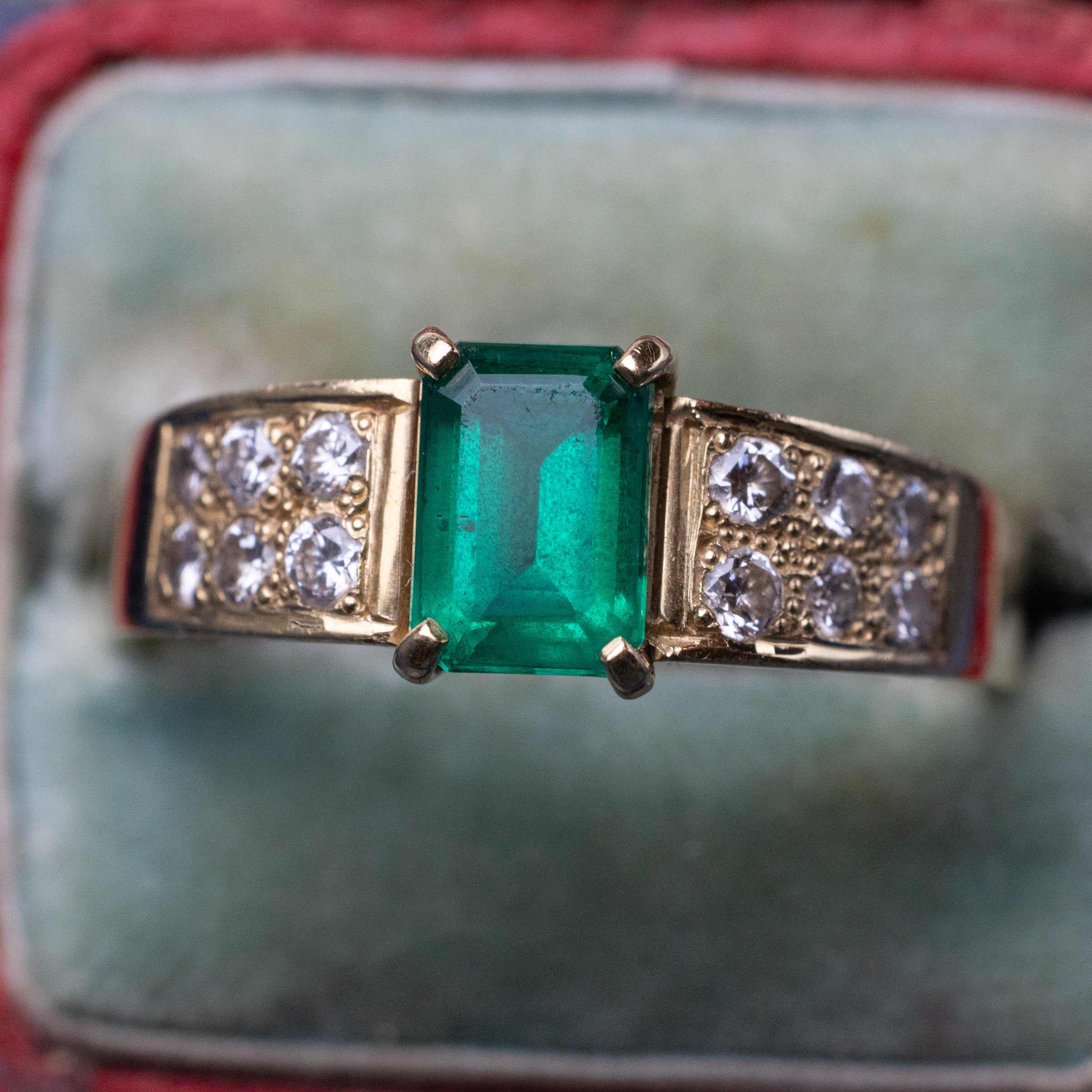 Vintage 18K Yellow Gold Emerald And Diamond Ring