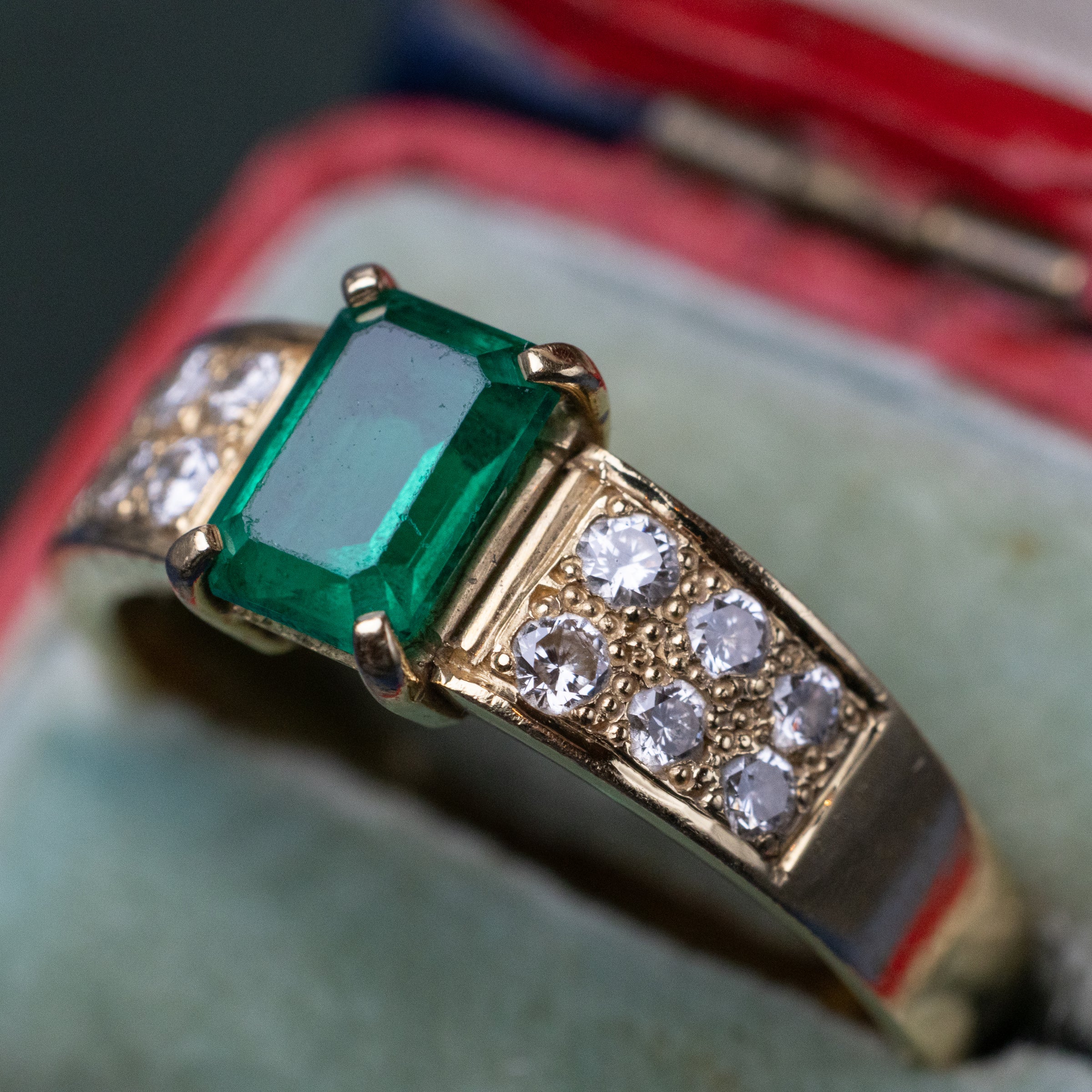 Vintage 18K Yellow Gold Emerald And Diamond Ring