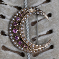 Vintage 9K Yellow Gold Pink Sapphire And Pearl Crescent Pin Brooch