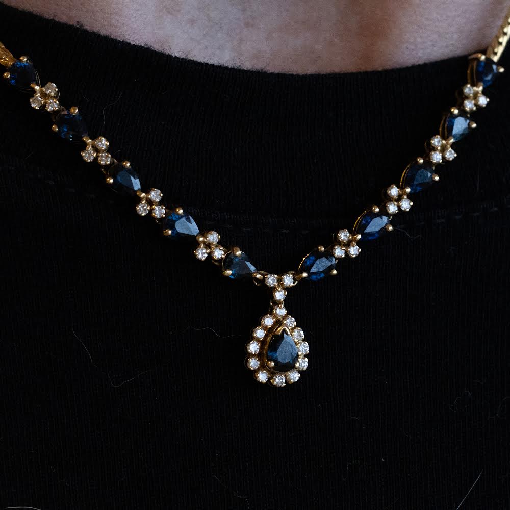 18K Yellow Gold Sapphire And Diamond Necklace