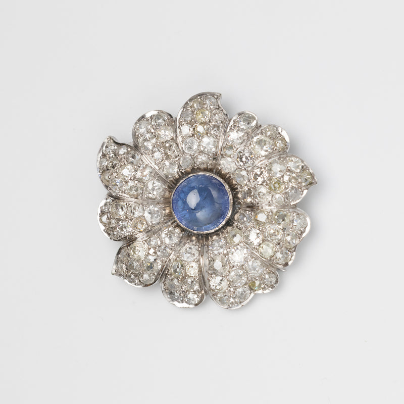 7.8 Carat Sri Lankan Sapphire And Diamond Flower Brooch