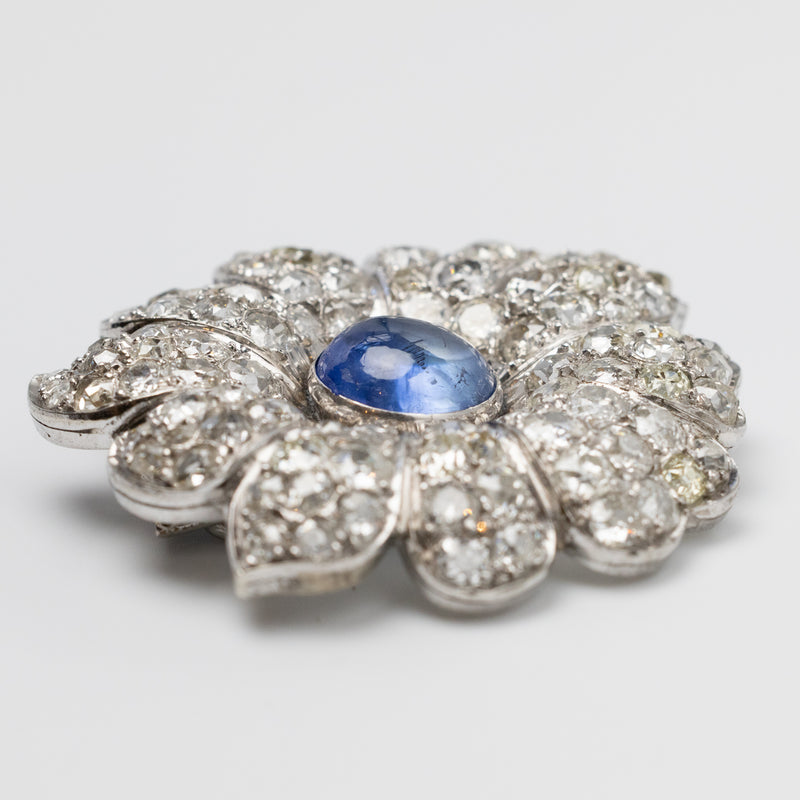 7.8 Carat Sri Lankan Sapphire And Diamond Flower Brooch