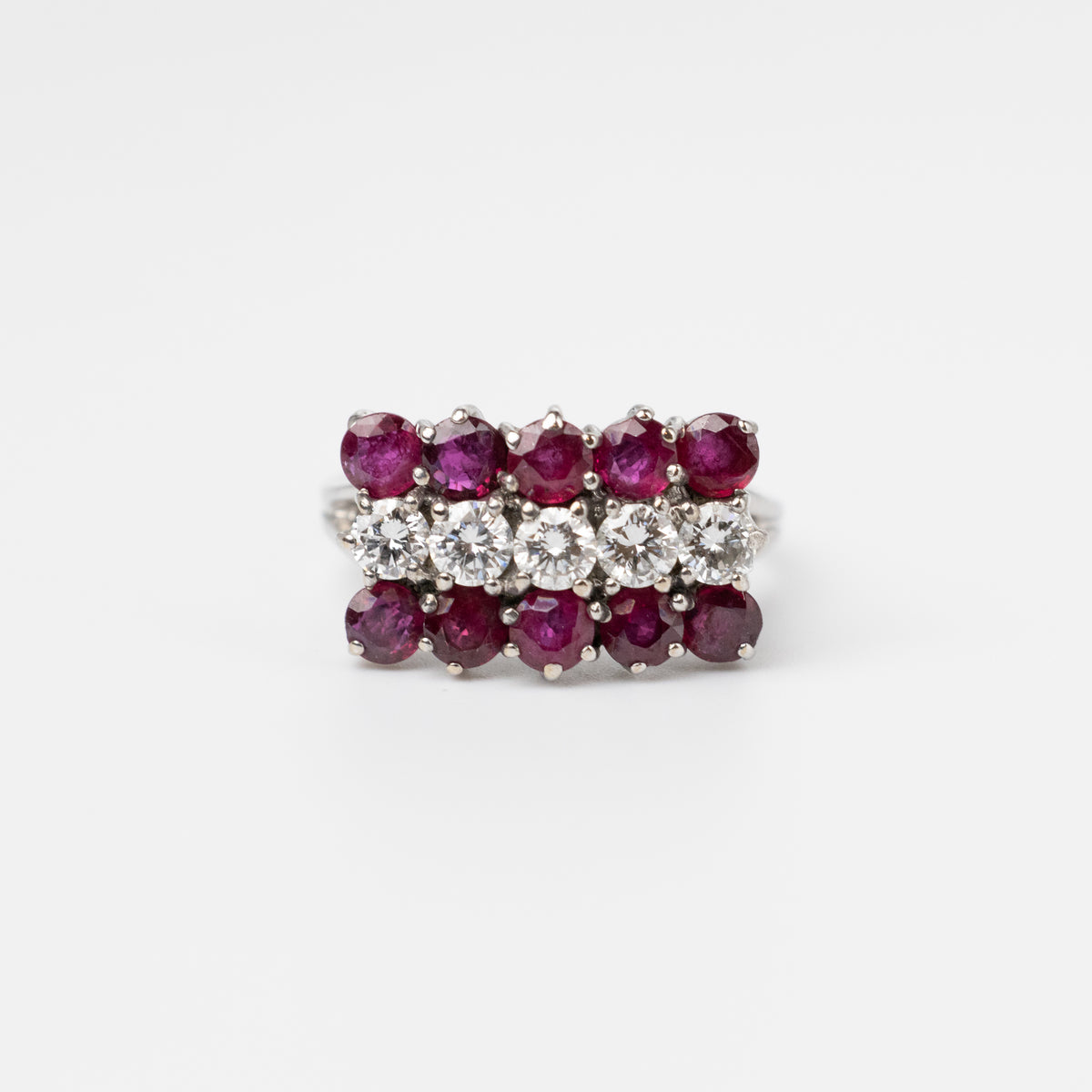 Vintage Three Row Ruby And Diamond Ring