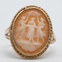 Victorian 1897 'Three Graces' Cameo 9K Yellow Gold Ring