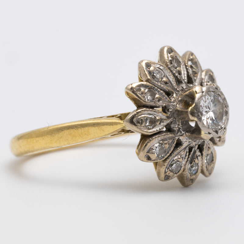 Vintage 18K Yellow Gold And Platinum Diamond Flower Ring