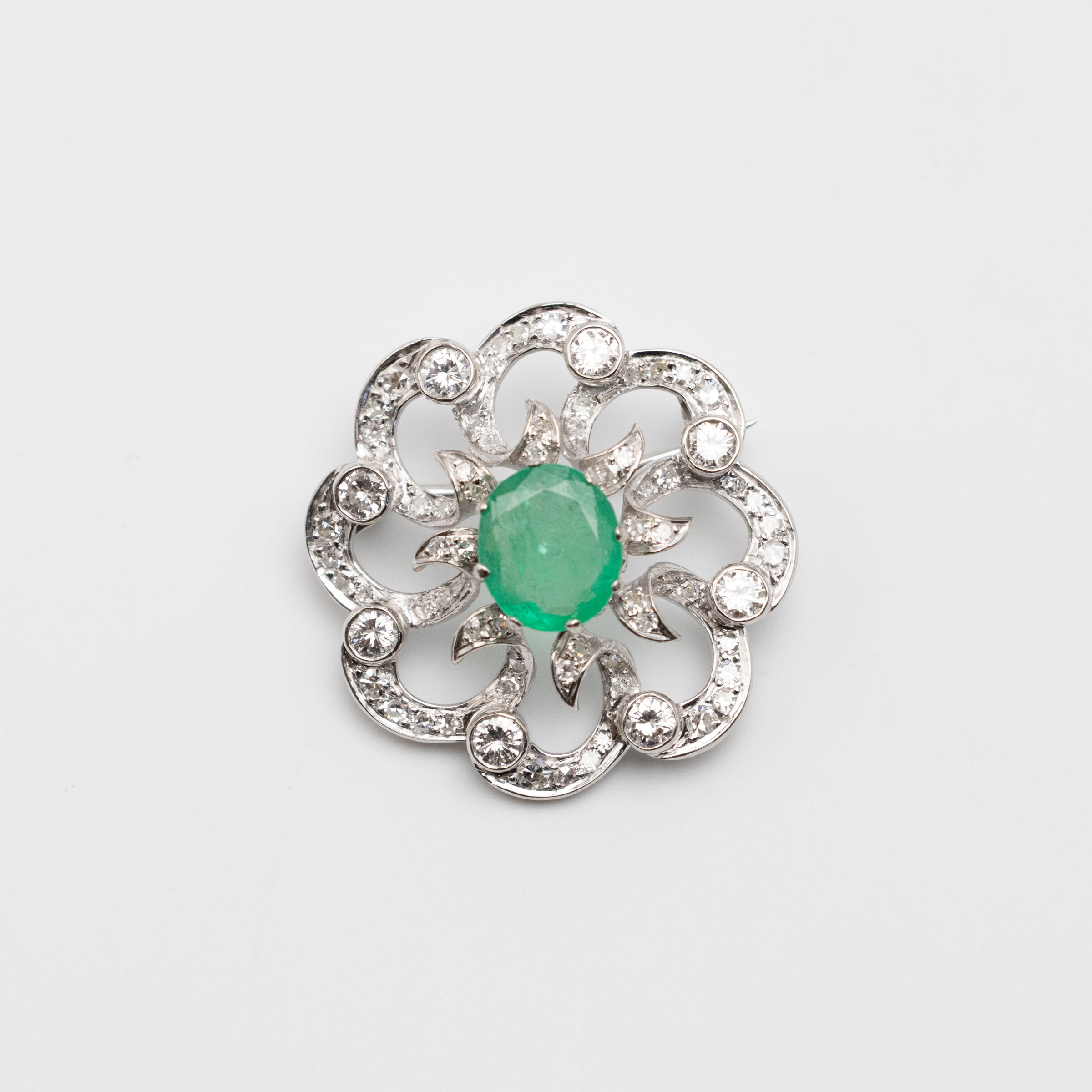 1950's Platinum Diamond And Emerald Brooch