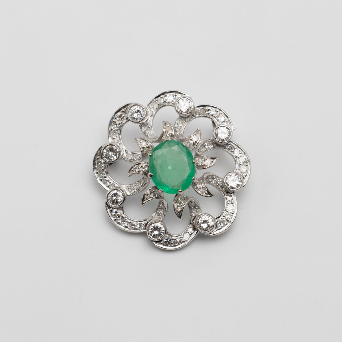 1950's Platinum Diamond And Emerald Brooch
