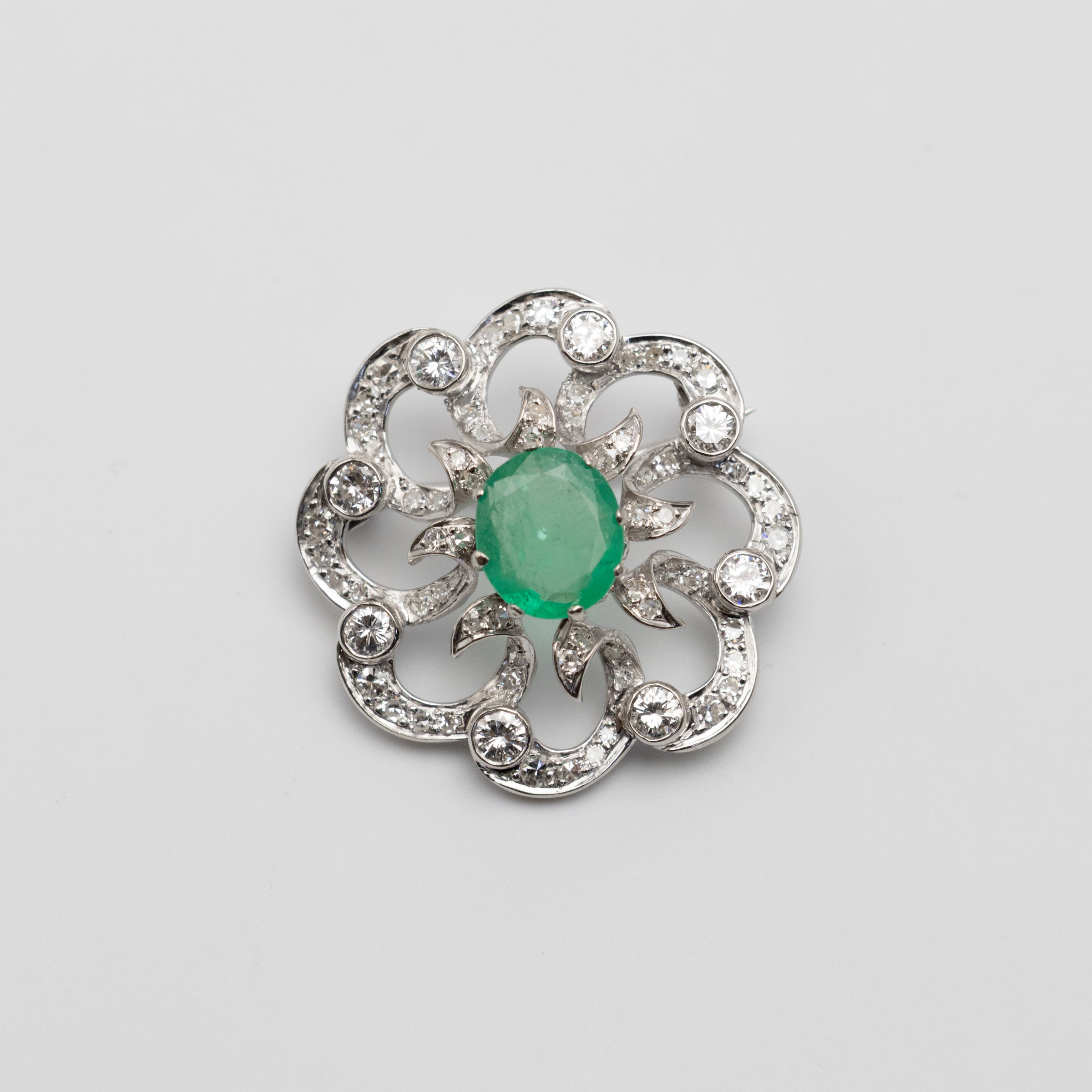 1950's Platinum Diamond And Emerald Brooch