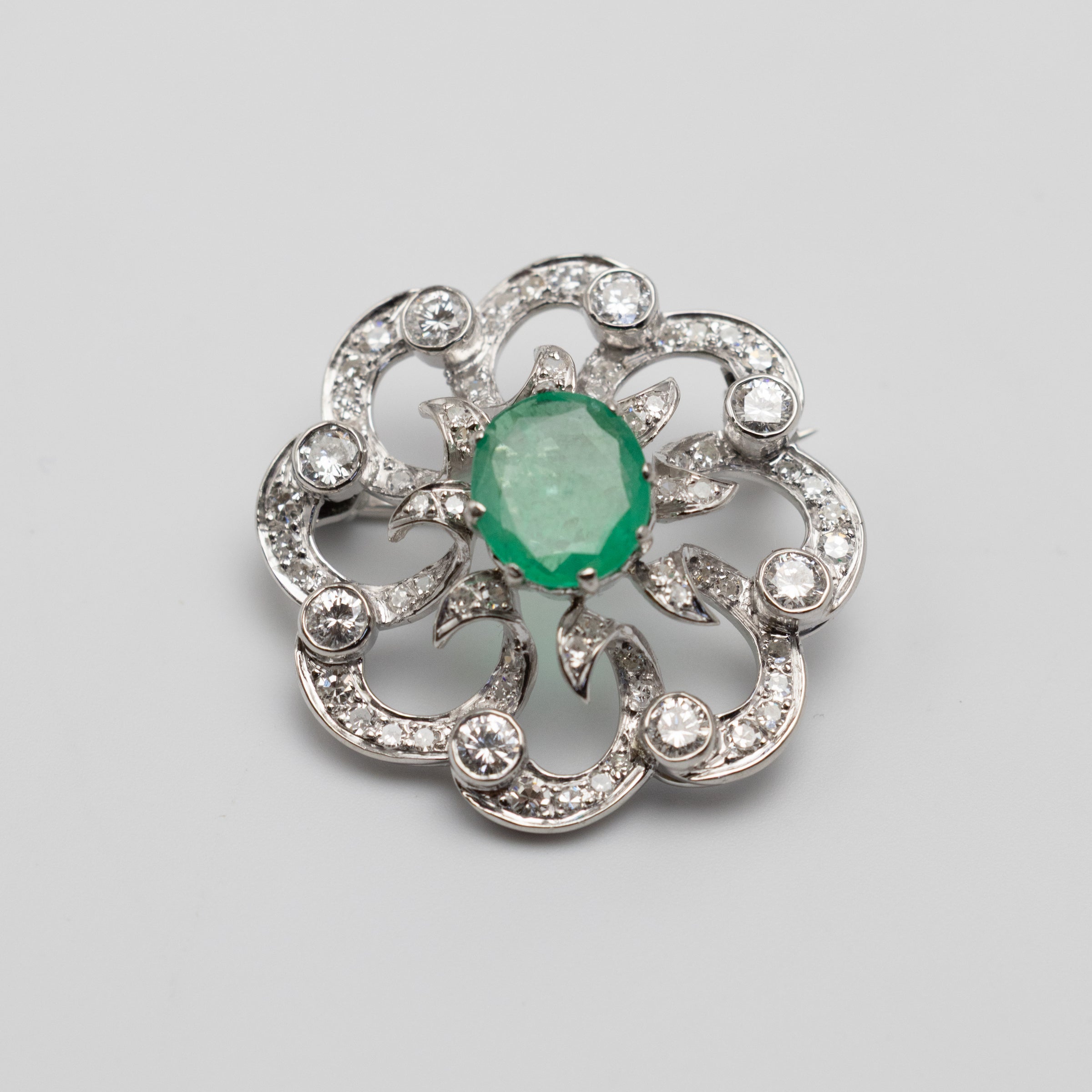1950's Platinum Diamond And Emerald Brooch