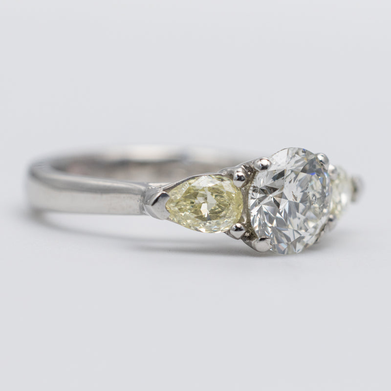 Beautiful Platinum Diamond Trilogy Ring With Natural Yellow Side Stones