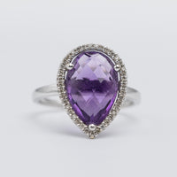 Stunning 18K White Gold Pear Shaped Amethyst And Diamond Ring