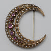Vintage 9K Yellow Gold Pink Sapphire And Pearl Crescent Pin Brooch
