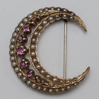 Vintage 9K Yellow Gold Pink Sapphire And Pearl Crescent Pin Brooch