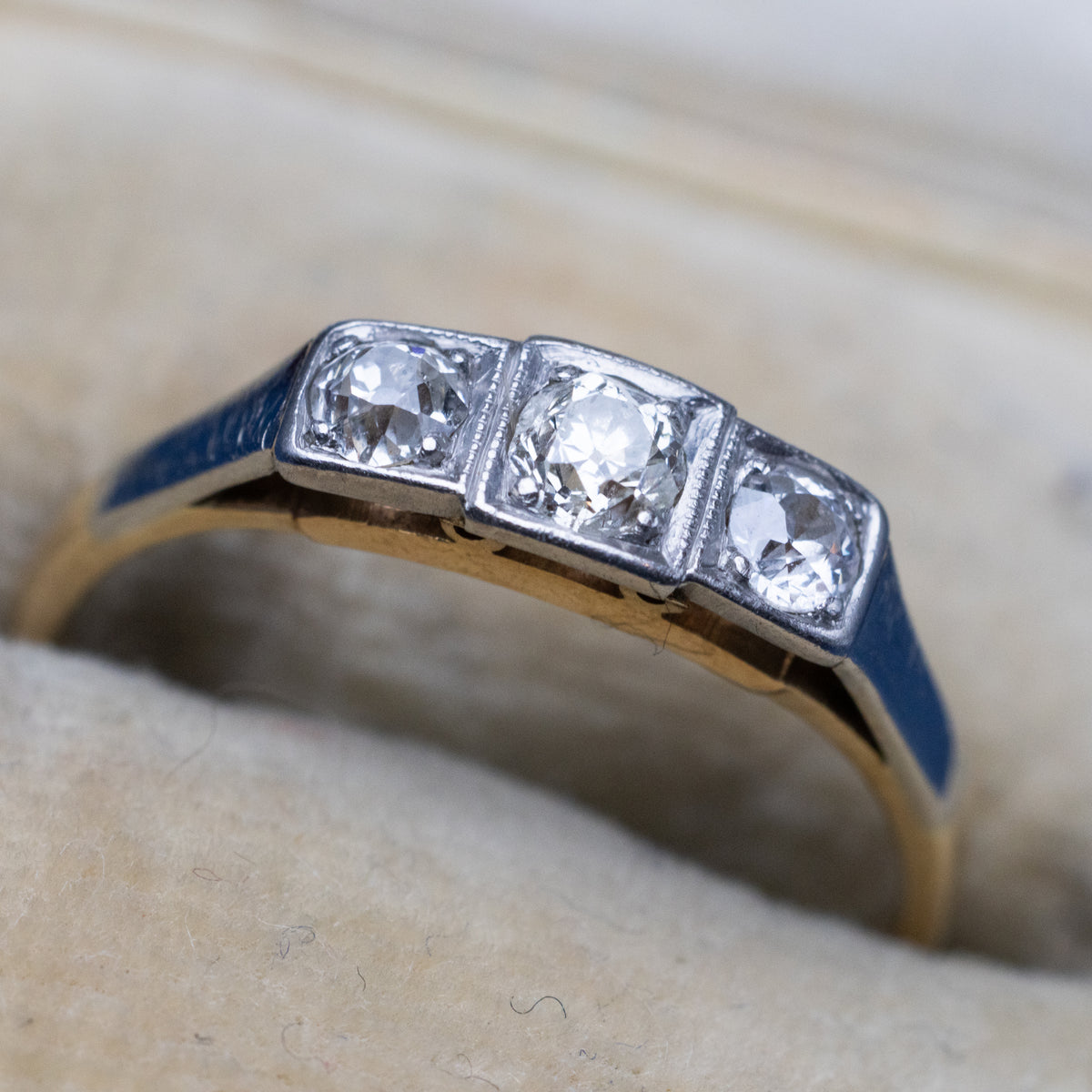3 Stone Old Cut Diamond Platinum And 18K Yellow Gold Ring