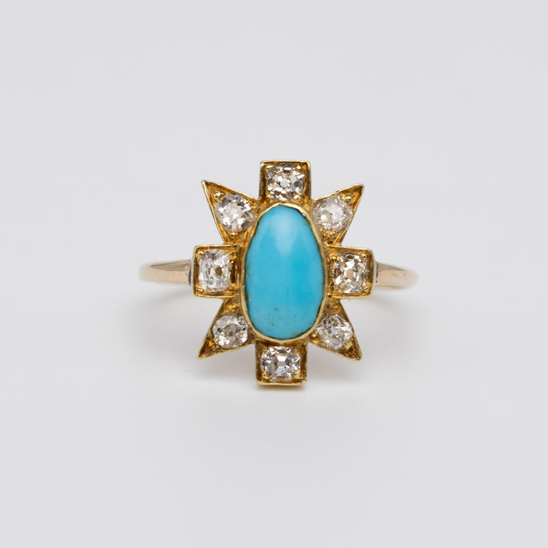 Old Cut Diamond And Turquoise Ring